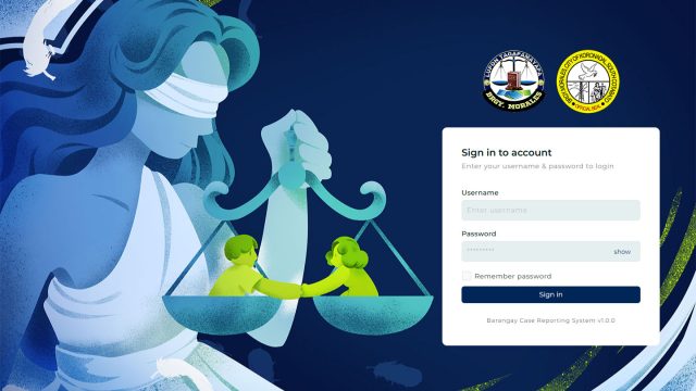 The app’s welcome screen features original artwork as a cover background, prominently displaying the official seal and logo of the barangay office for a localized and professional brand presence.