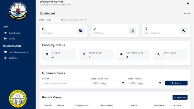 A comprehensive dashboard summarizing case data by type and status for the current fiscal year. It includes a quick search interface for fast data retrieval and real-time case monitoring.