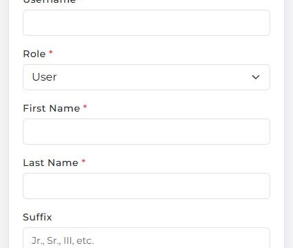 A restricted form viewable only to administrators, allowing them to create and manage new user accounts within the system.