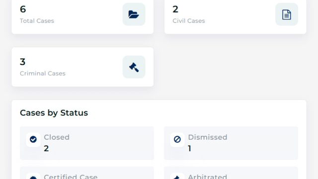 A comprehensive dashboard summarizing case data by type and status for the current fiscal year. It includes a quick search interface for fast data retrieval and real-time case monitoring.