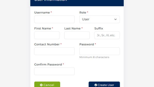 A restricted form viewable only to administrators, allowing them to create and manage new user accounts within the system.
