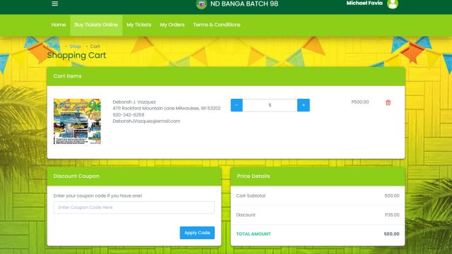 Shopping cart displaying order details, applying coupons, and calculating the total cost.