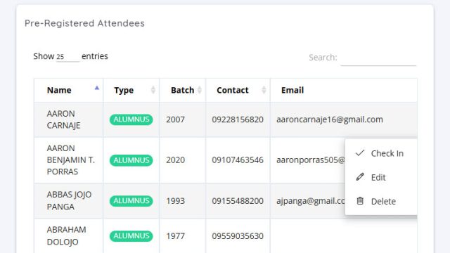 List of Pre-Event Registrations