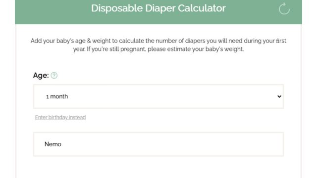 Sample Diaper Calculator Result featuring a CDC-based growth chart and a cost comparison matrix for popular diaper brands.